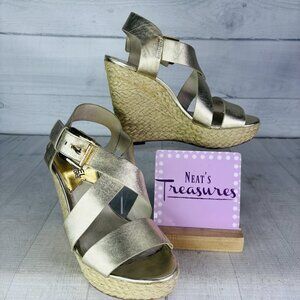 Michael Kors GIOVANNA Gold Leather Buckle Rafia Espadrille Wedge Sandal Sz 5.5 M